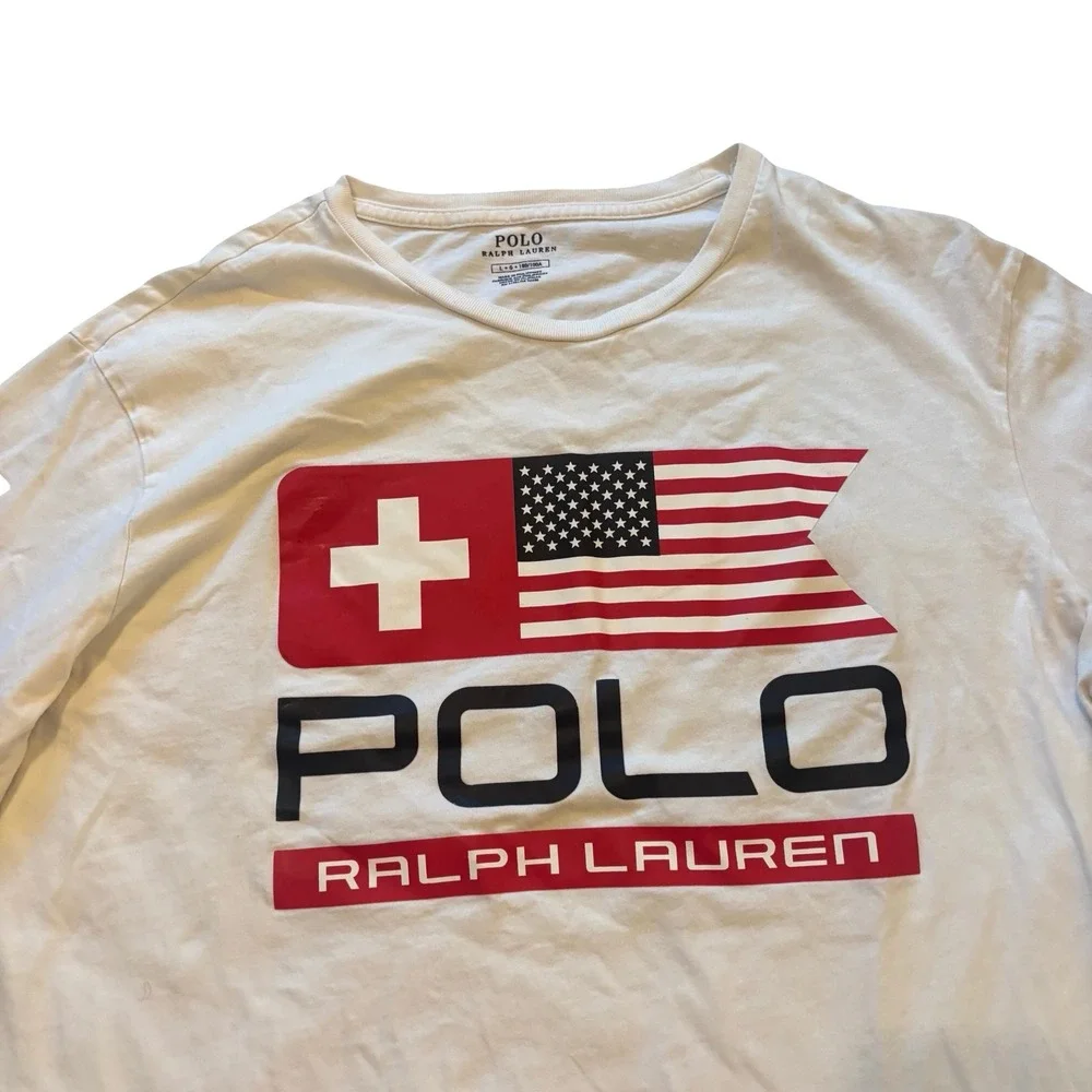 Polo Ralph Lauren Mens Long Sleeve Graphic T-Shirt White Flag Logo Large